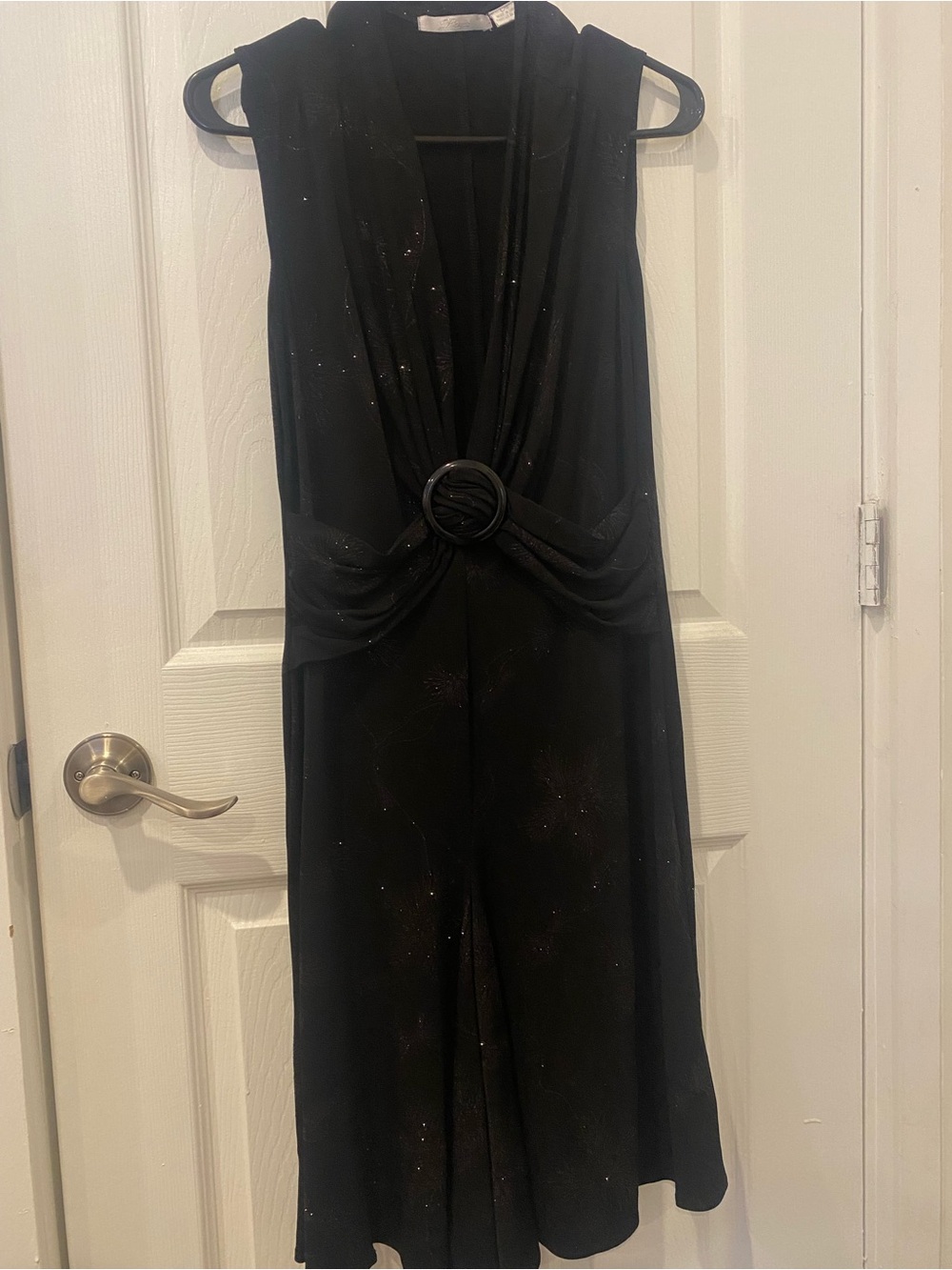 Sleeveless Black Midi Dress with Draped V-Neck and Ring Detail